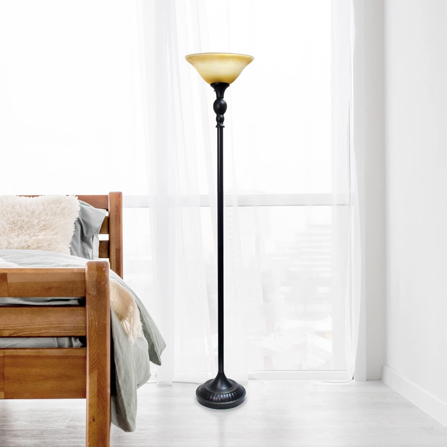 Lalia Home Bronze Torchiere Floor Lamp with Amber Shade