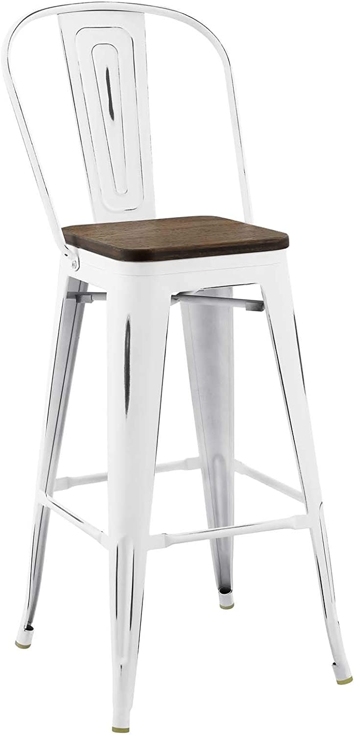 Modway Promenade Industrial Modern Steel Bistro Bar Stool with Bamboo Seat in White, Metal Side