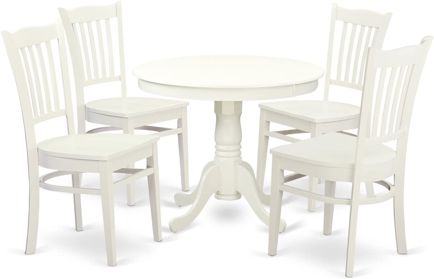 East West Furniture ANGR5-LWH-W Modern Dining Table Set- 4 Excellent Chairs for Dining Room - A Gorgeous Pedestal Dining Table- Wooden Seat and Linen White Dining Table