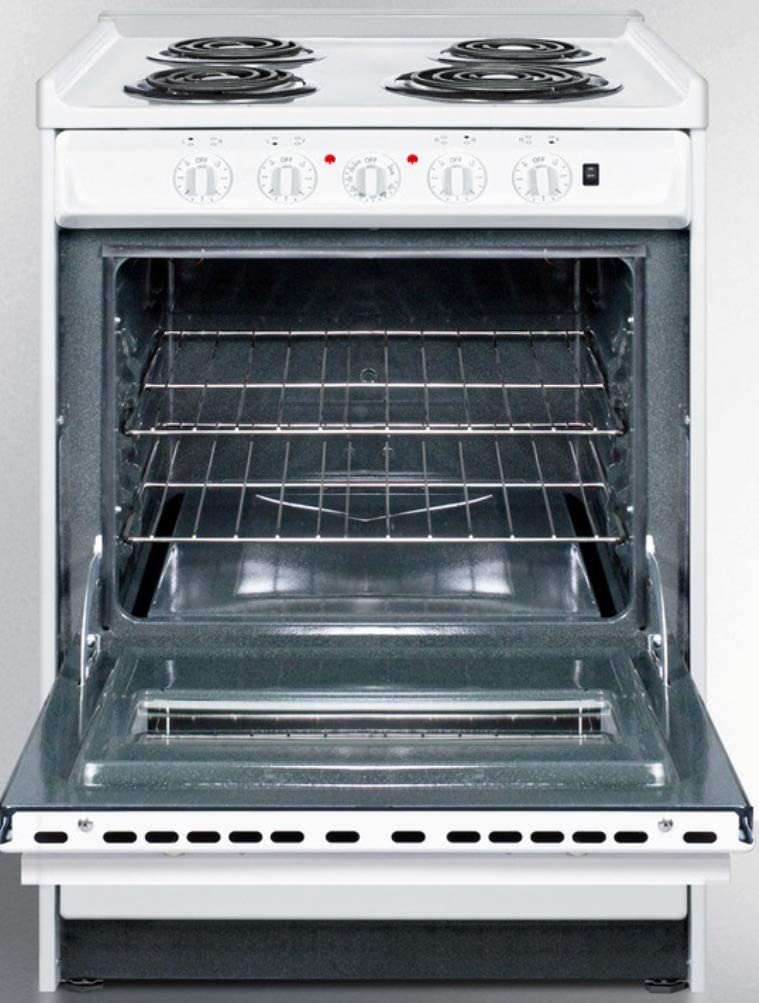 Summit WEM610RW 24&#34;&#34; Slide-In Electric Range with 4 Elements Waist High Broil Oven Racks Chrome Drip Pans Indicator Lights and Push-To-Turn Burner Knobs in White