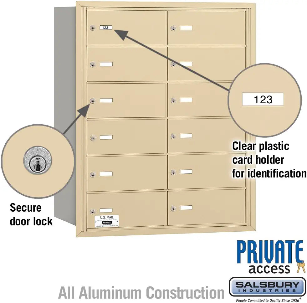 Salsbury Industries 3612SRP 4B Plus Horizontal Mailbox, 12 B Doors, Rear Loading, Private Access, Sandstone