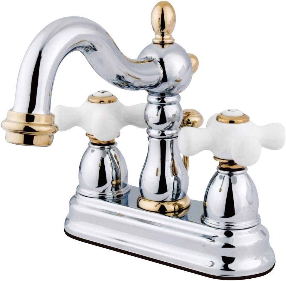 Kingston Brass KB1604PX Heritage 4-Inch Centerset Lavatory Faucet with Porcelain Cross Handle, Polished Chrome and Polished Brass