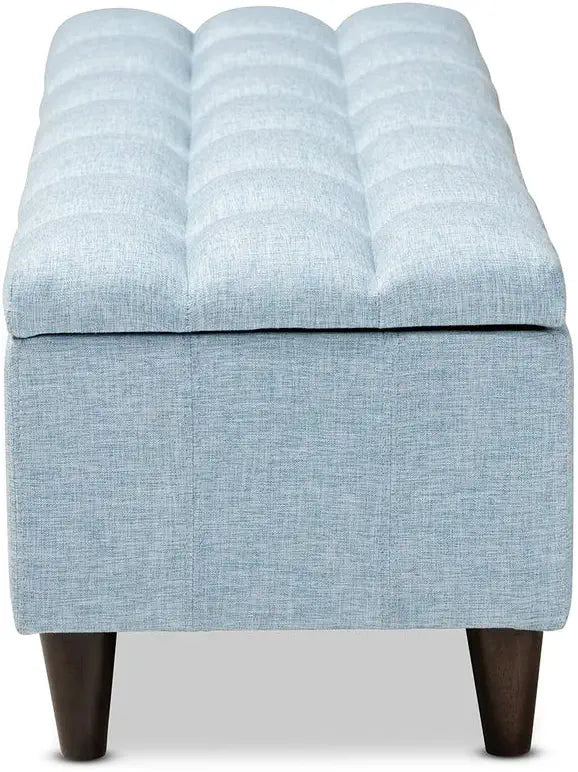 Baxton Studio Brette Mid-Century Modern Light Blue Fabric Upholstered Dark Brown Finished Wood Storage Bench Ottoman