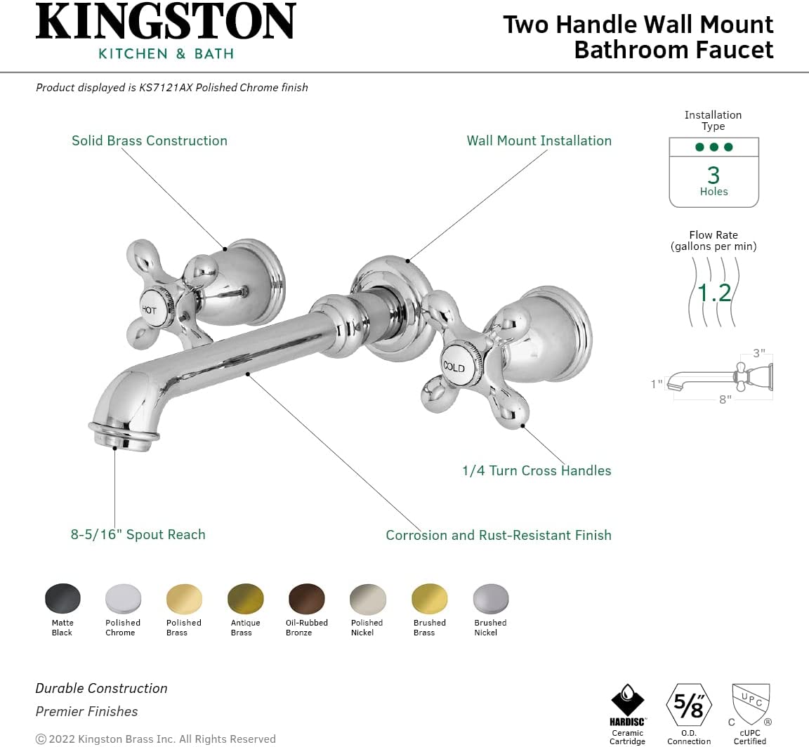 Kingston Brass KS7123AX 8-Inch Center Wall Mount Bathroom Faucet, Antique Brass