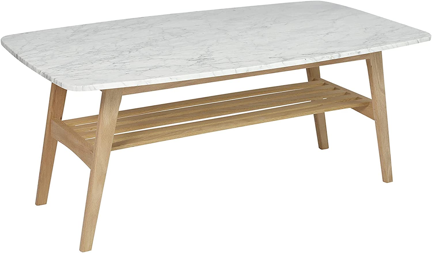 Bianco Modern Decorative Laura Italian Carrara White Marble Coffee Table with Oak Shelf for Living Room, Bedroom &amp; Dining Room - 43&#34;, Rectangular
