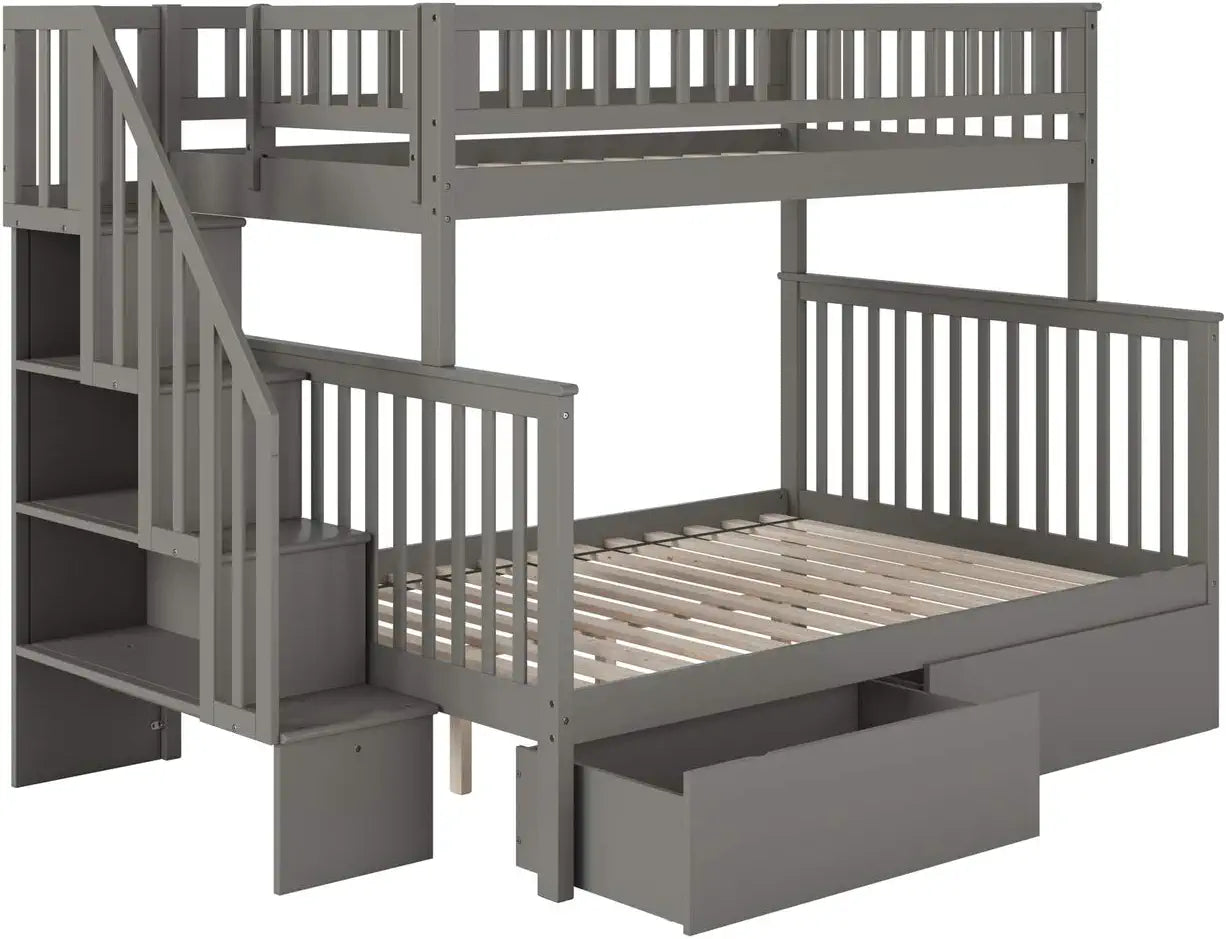 Atlantic Furniture Woodland Staircase Bunk Bed Twin Over Full with 2 Urban Bed Drawers in Grey