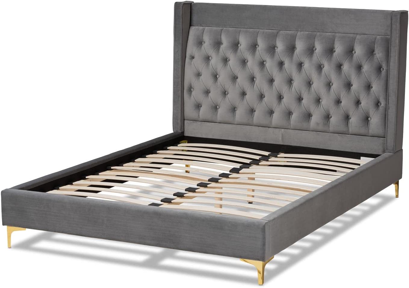 Baxton Studio Valery Modern and Contemporary Dark Gray Velvet Fabric Upholstered Queen Size Platform Bed with Gold-Finished Legs