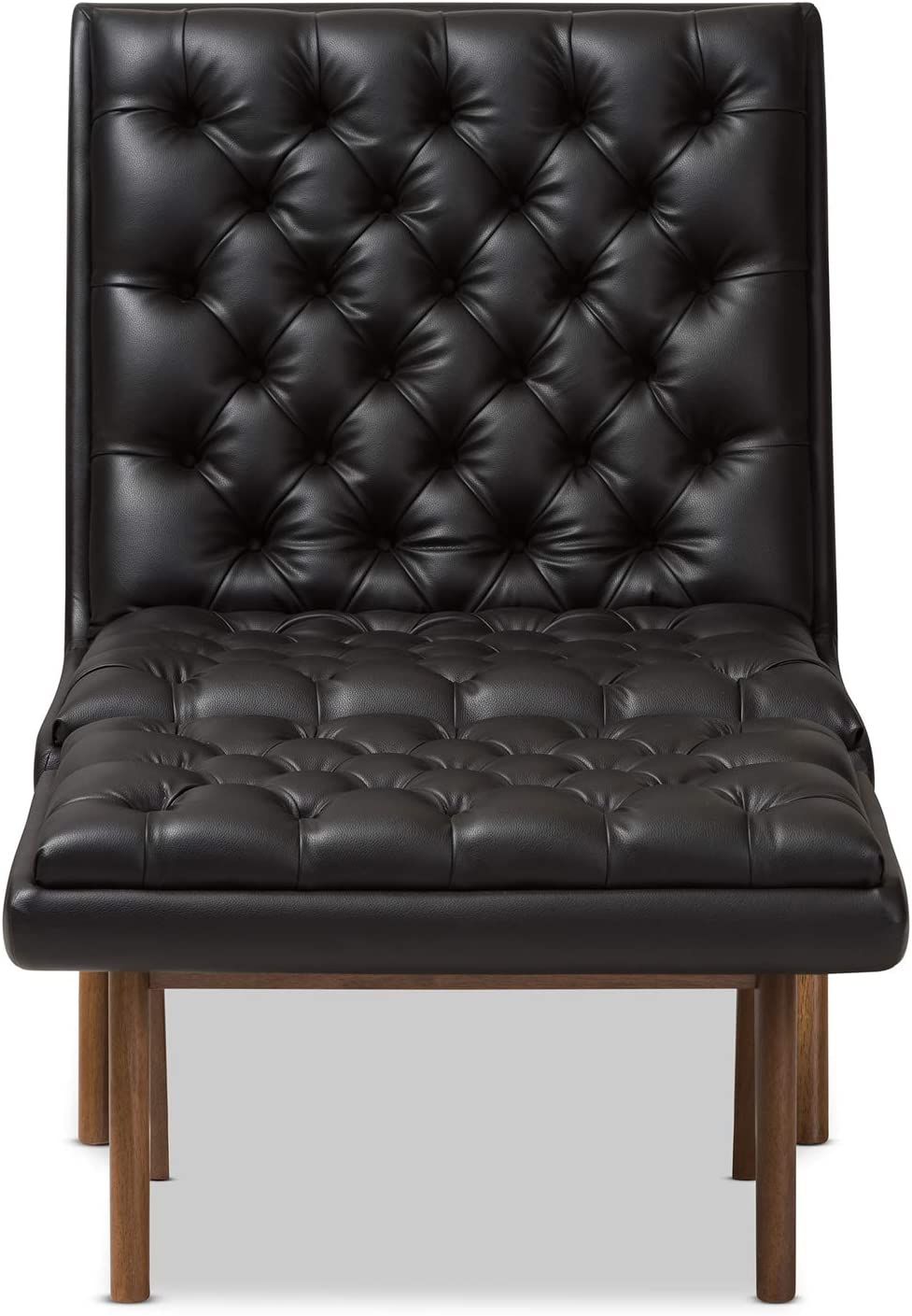 Baxton Studio Annetha Mid-Century Modern Black Faux Leather Upholstered Walnut Finished Wood Chair and Ottoman Set/Mid-Century/Black/Medium Wood/Faux Leather/Rubber Wood/Foam