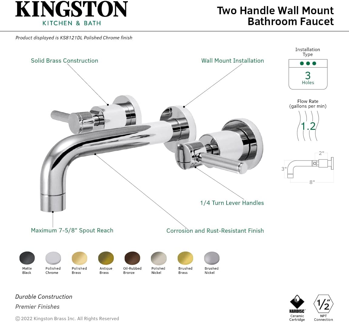 Kingston Brass KS8123DL Concord 2-Handle Wall Mount Bathroom Faucet, Antique Brass