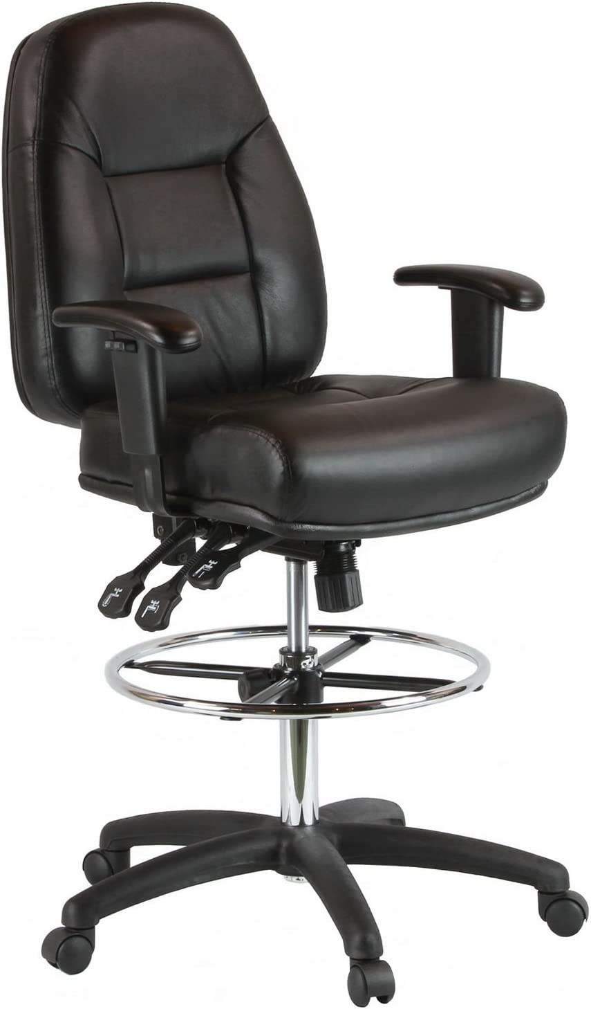 Harwick Premium Leather Drafting Chair with Arms - Black Leather