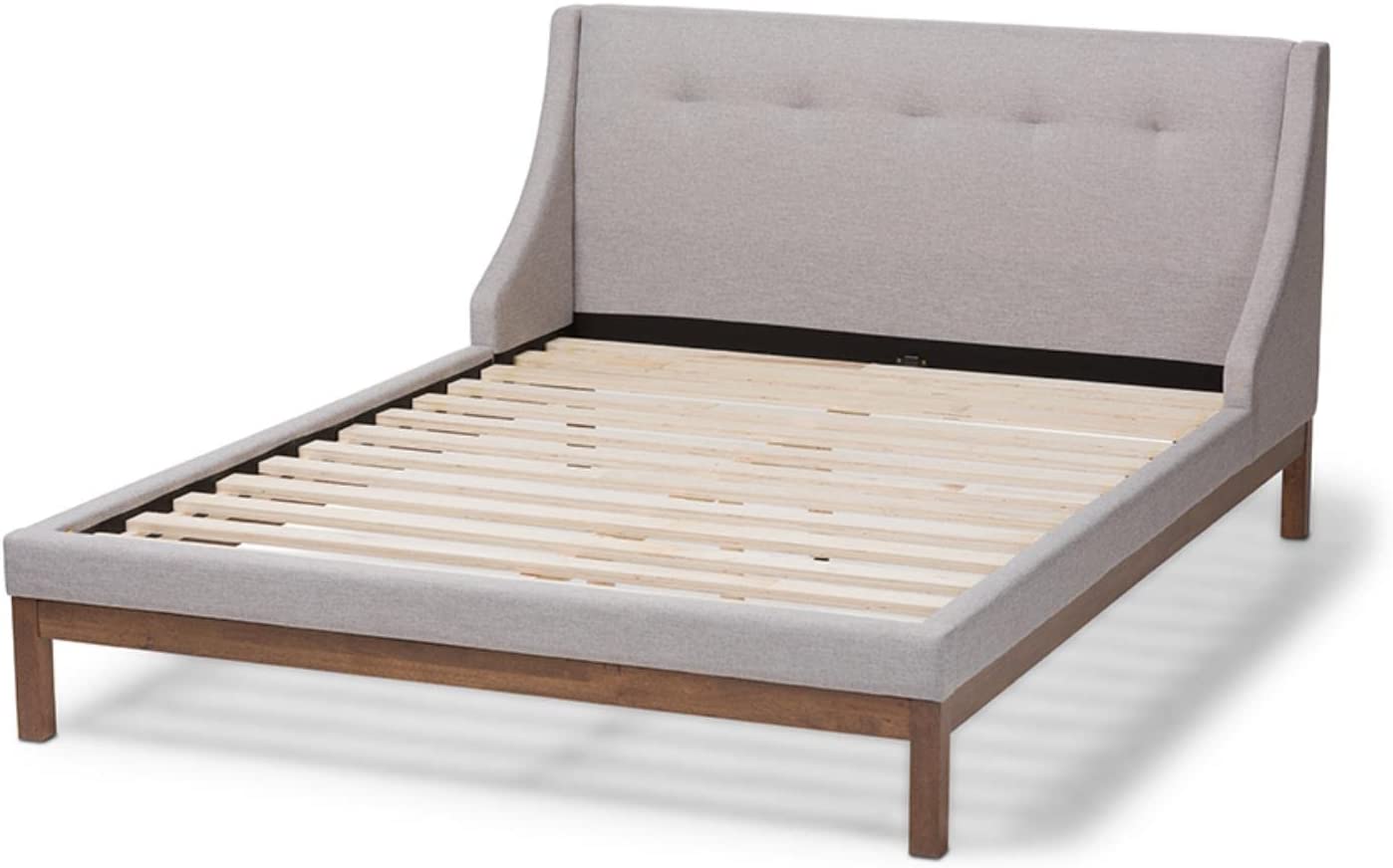 Baxton Studio Louvain Modern and Contemporary Greyish Beige Fabric Upholstered Walnut-Finished Full Sized Platform Bed