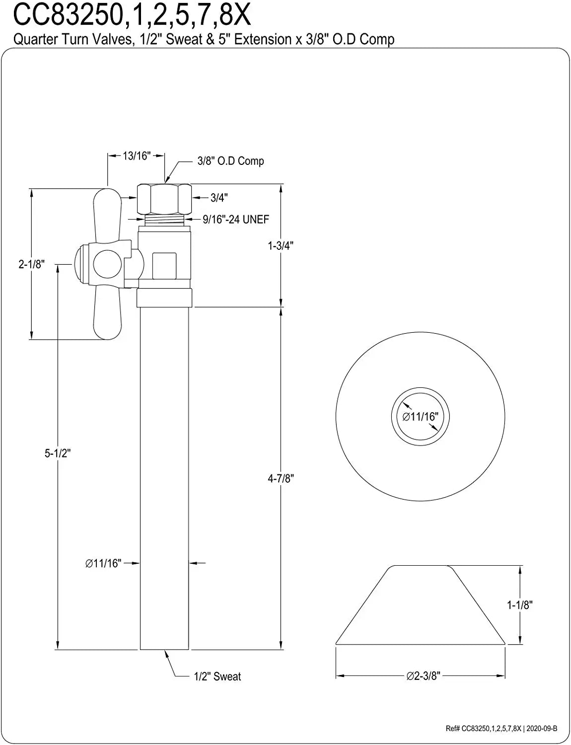 Kingston Brass CC83250X 1/2&#34; Sweat x 3/8&#34; OD Comp Straight Shut-Off Valve with 5&#34; Extension, Matte Black