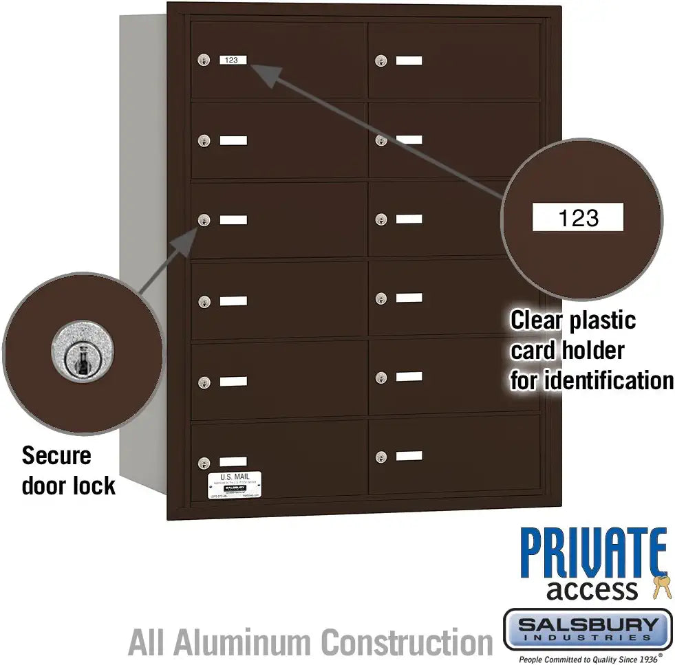 Salsbury Industries 3612ZRP 4B Plus Horizontal Mailbox, 12 B Doors, Rear Loading, Private Access, Bronze