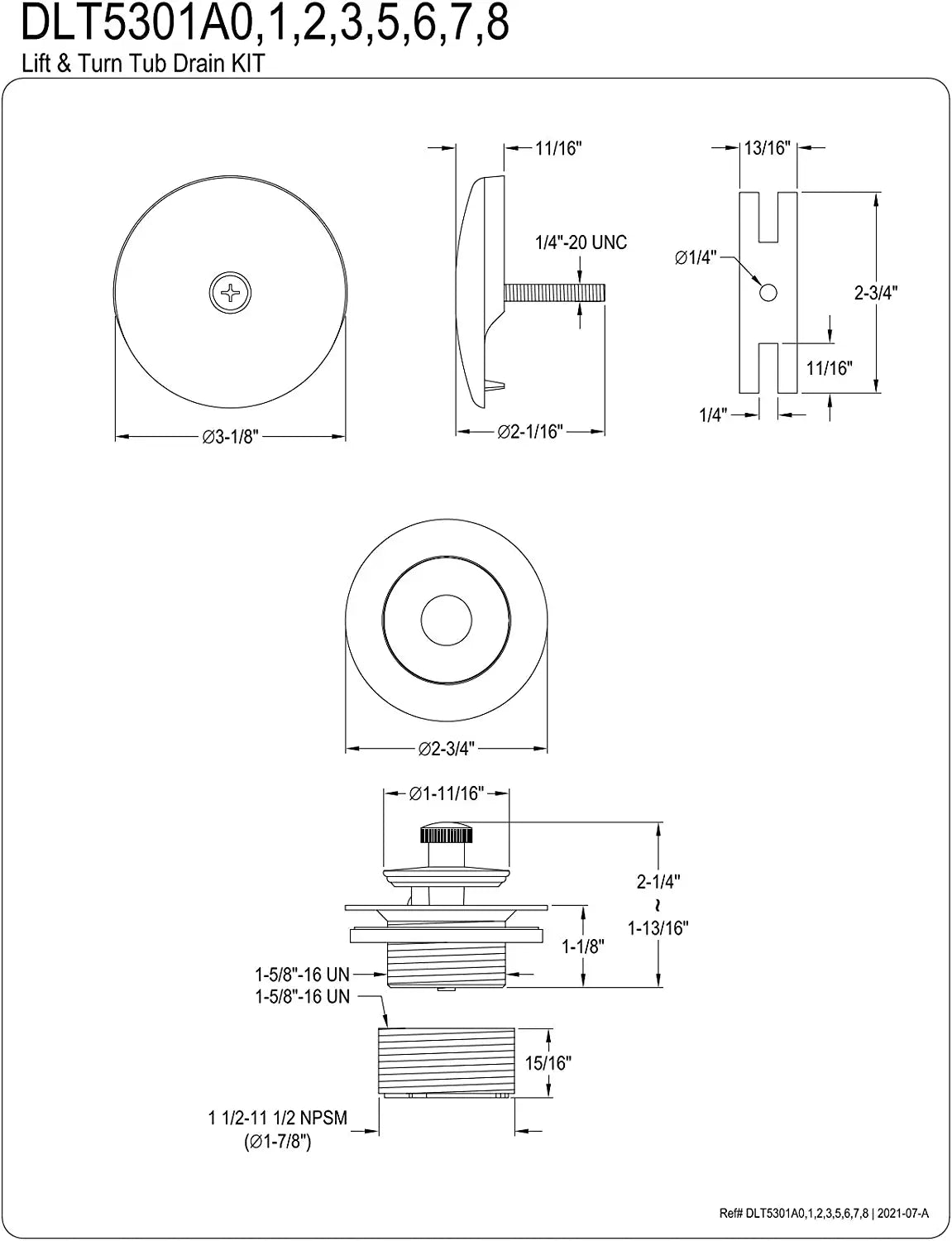 Kingston Brass DLT5301A6 Made to Match Twist and Close Tub Drain Conversion Kit, Polished Nickel