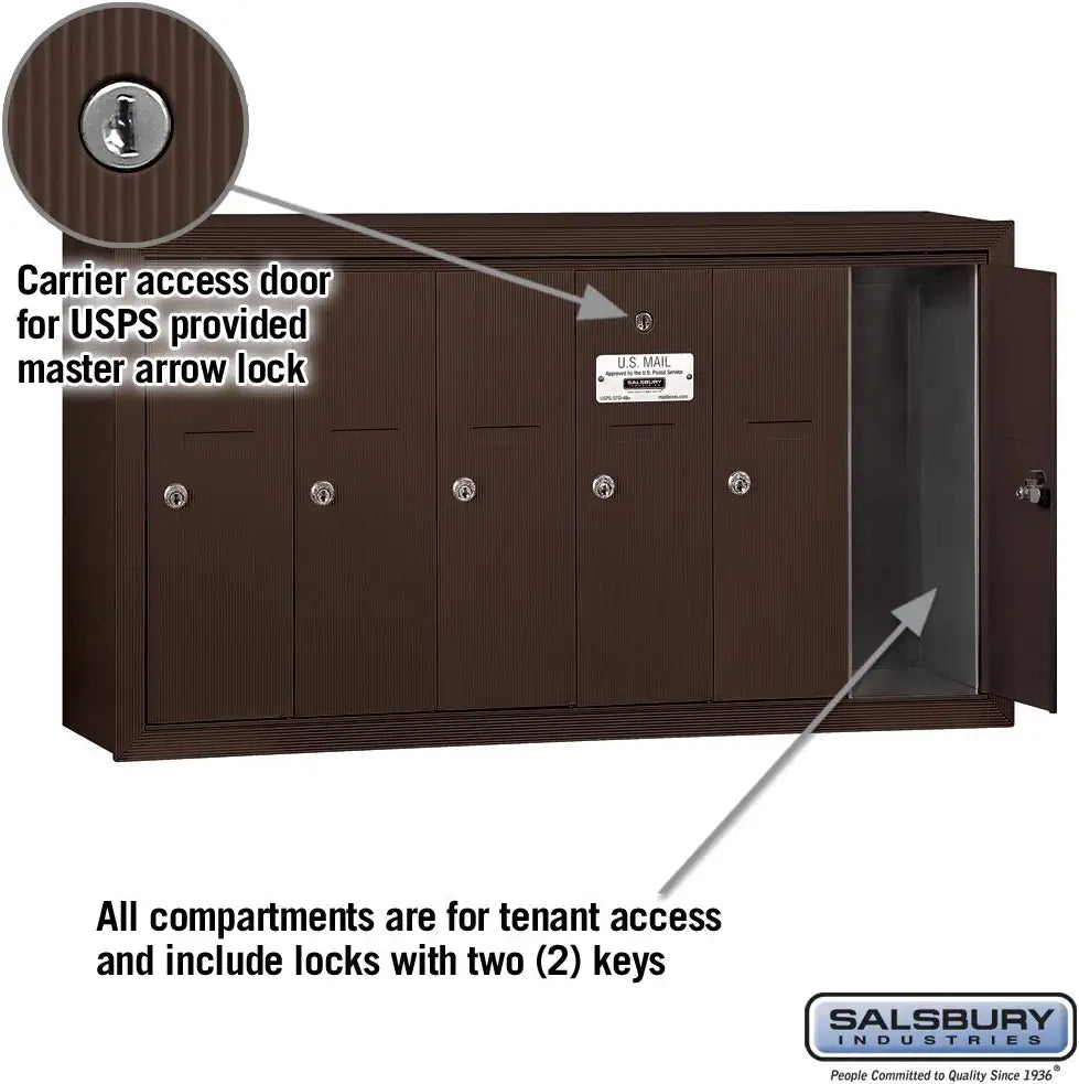 Salsbury Industries 3506ZSU Surface Mounted Vertical Mailbox with USPS Access and 6 Doors, Bronze