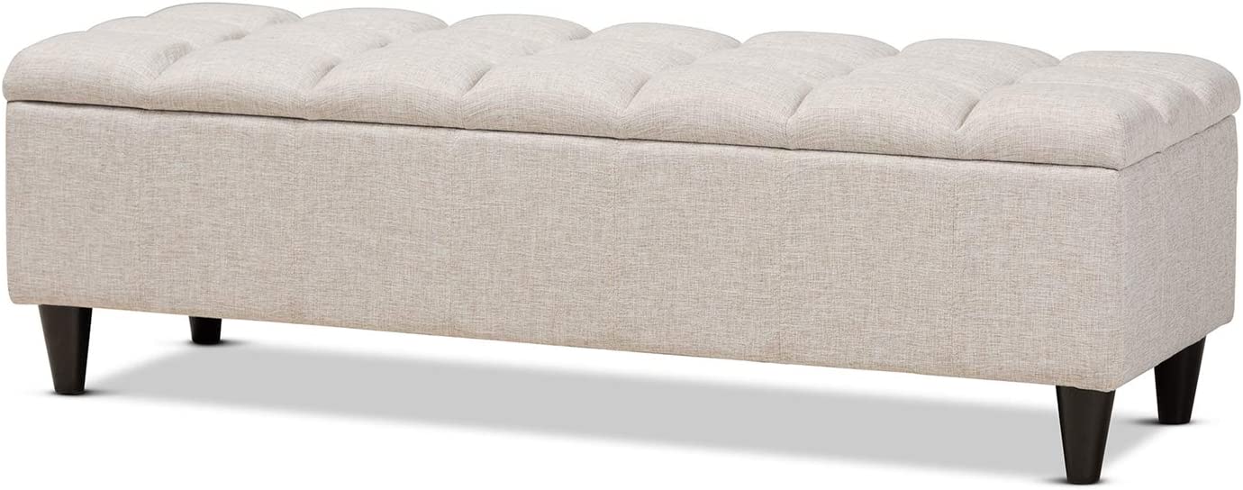 Baxton Studio Brette Mid-Century Modern Light Blue Fabric Upholstered Dark Brown Finished Wood Storage Bench Ottoman