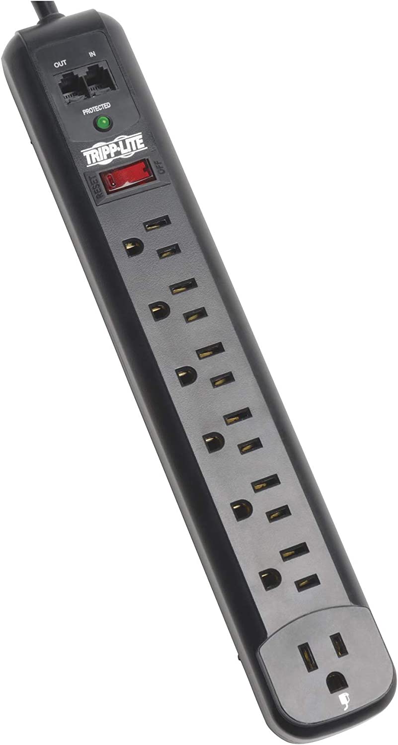 Tripp Lite 7 Outlet (6 Right Angle 1 Transformer) Surge Protector Power Strip, 6ft Cord, Tel/Modem, &amp; $50K INSURANCE (TLP76RBTEL), Black