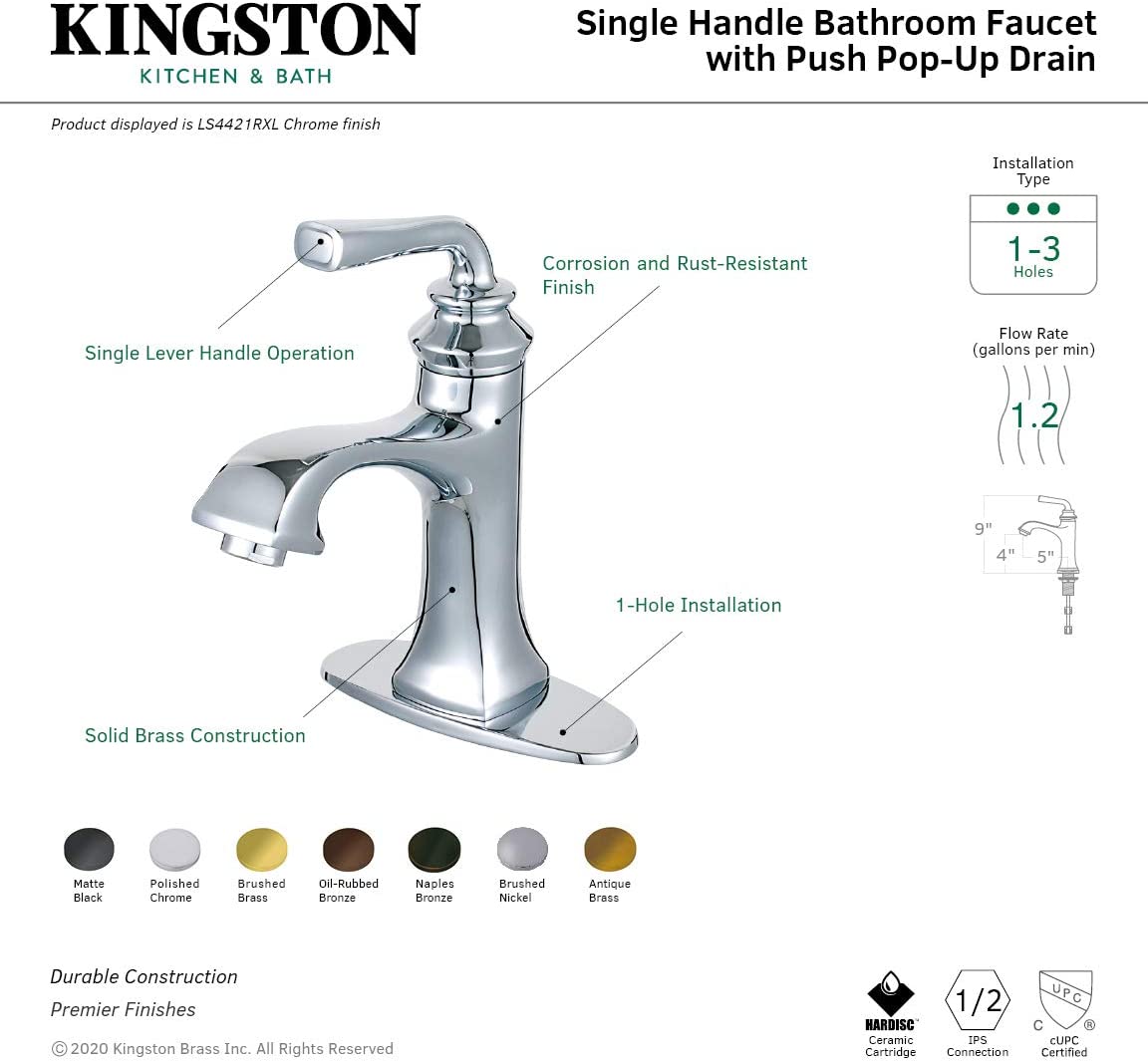 Kingston Brass LS4420RXL Restoration Bathroom Faucet, Matte Black