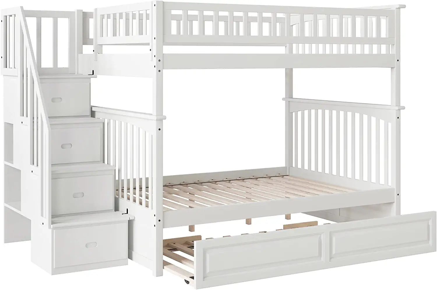 AFI Columbia Staircase Bunk with Turbo Charger and Twin Size Raised Panel Trundle, Full/Full, White
