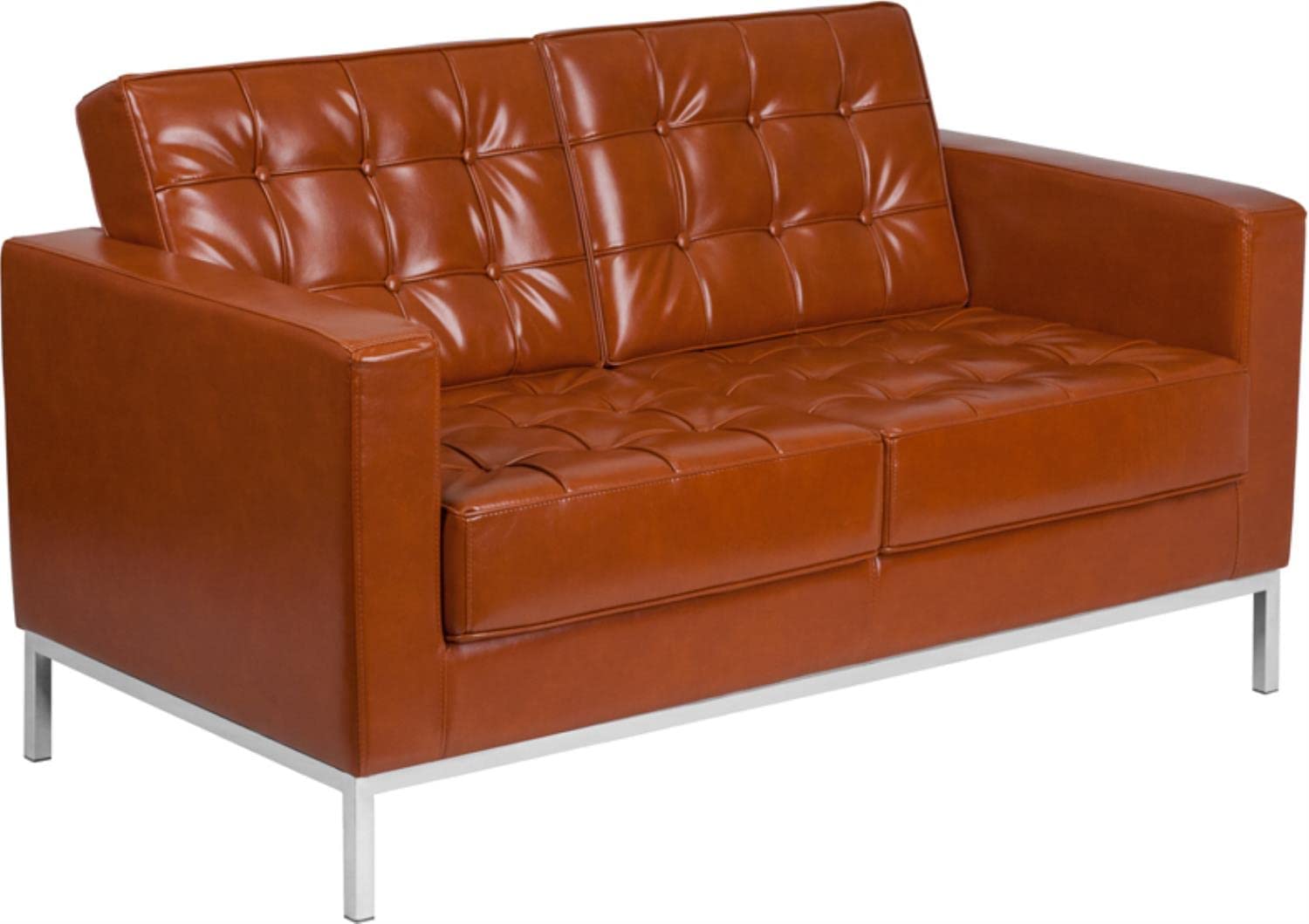 Flash Furniture HERCULES Lacey Series Contemporary Cognac LeatherSoft Loveseat with Stainless Steel Frame
