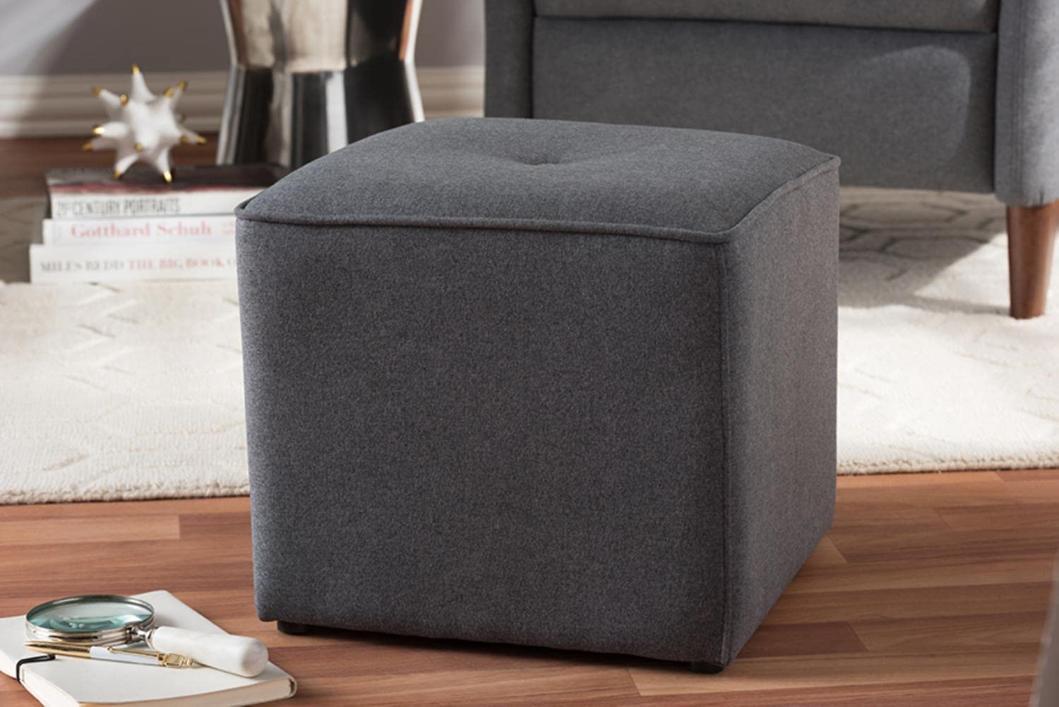 Baxton Studio Corinne Modern and Contemporary Dark Grey Fabric Upholstered Ottoman Grey//Contemporary/Fabric Dacron 100%&#34;/Eucalyptus Wood/HDF/Foam