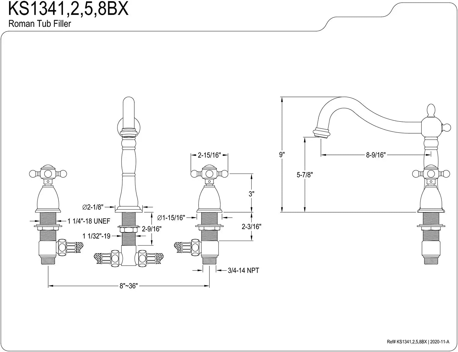 Kingston Brass KS1348BX Heritage Roman Tub Filler with Metal Cross Handle, Brushed Nickel