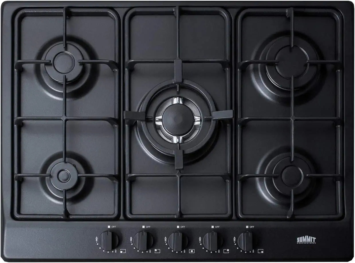 Summit Appliance GC5272B 5-Burner Gas Cooktop, 27&#34; Width with 5 Burners, Steel Surface in Black Matte Finish, Wok Ring Included, Two Semi-Rapid Burners, Centralized Controls, Conversion Kit Included