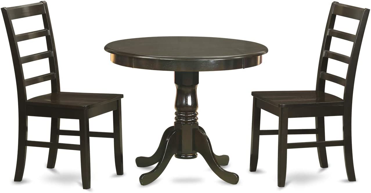 East West Furniture Dinette Set- 2 Fantastic Chairs for Dining Room - A Wonderful Round Wooden Dining Table- Wooden Seat and Cappuccino Pedestal Dining Table