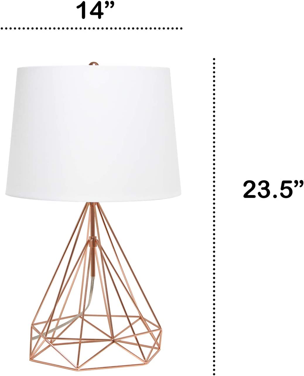 Lalia Home Decorative Table Lamp with Geometric Rose Gold Wired Base and White Fabric Tapered Shade