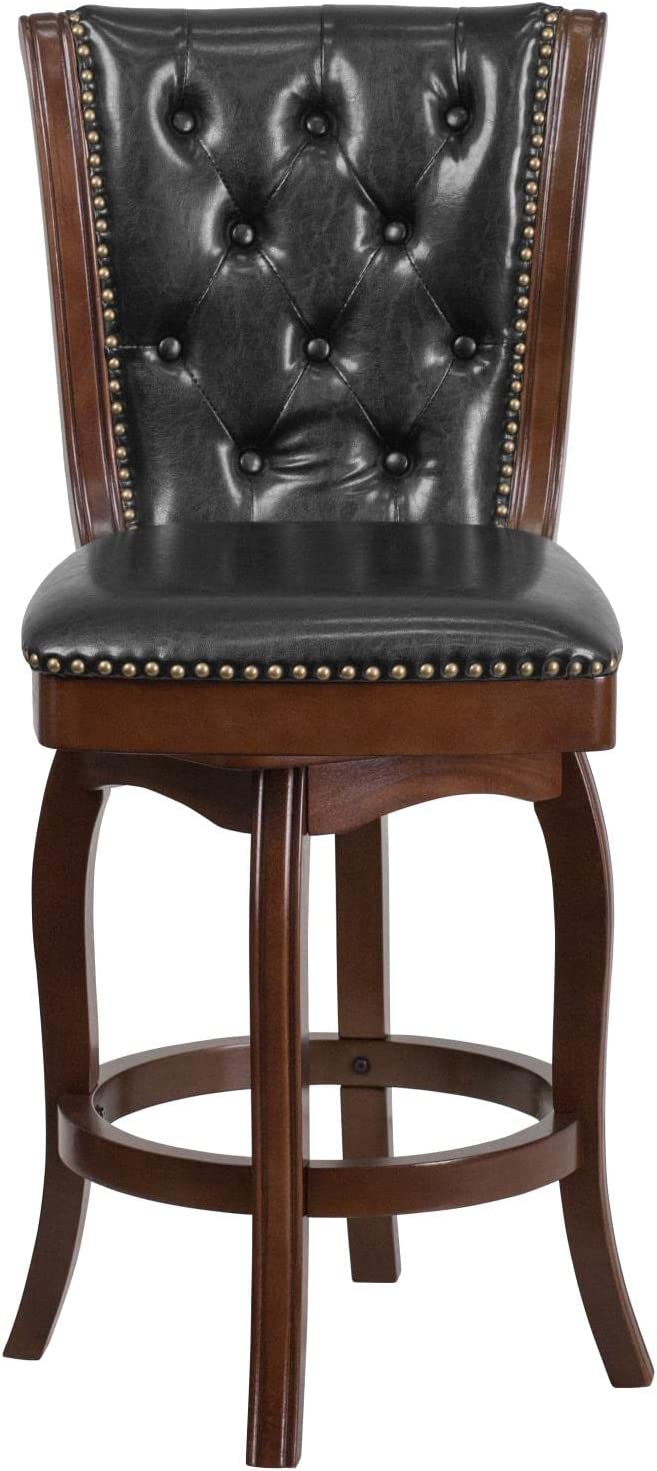 Flash Furniture 26&#39;&#39; High Cappuccino Wood Counter Height Stool with Button Tufted Back and Black LeatherSoft Swivel Seat