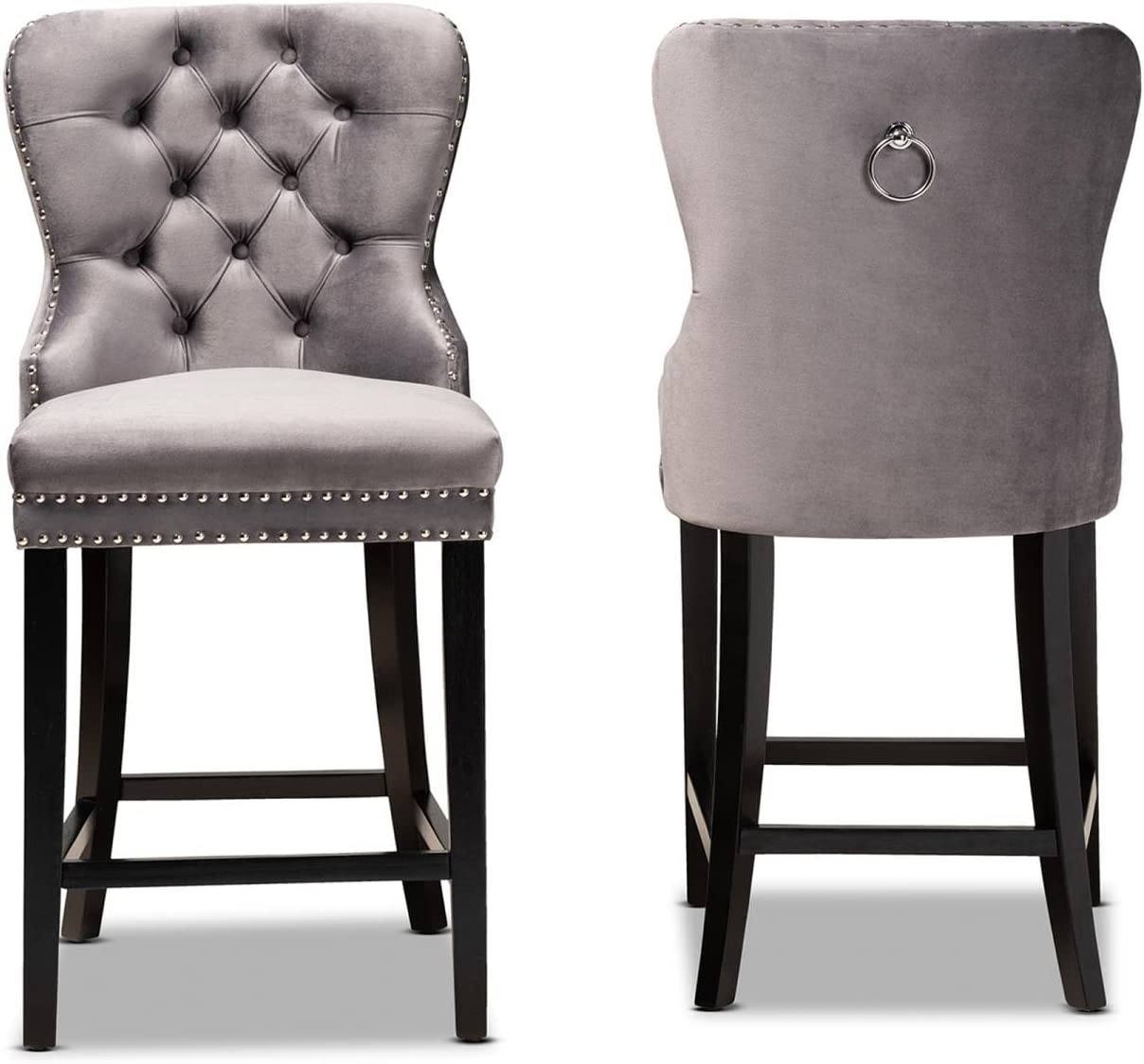 Baxton Studio Howell Modern Transitional Grey Velvet Upholstered and Dark Brown Finished Wood 2-Piece Counter Stool Set