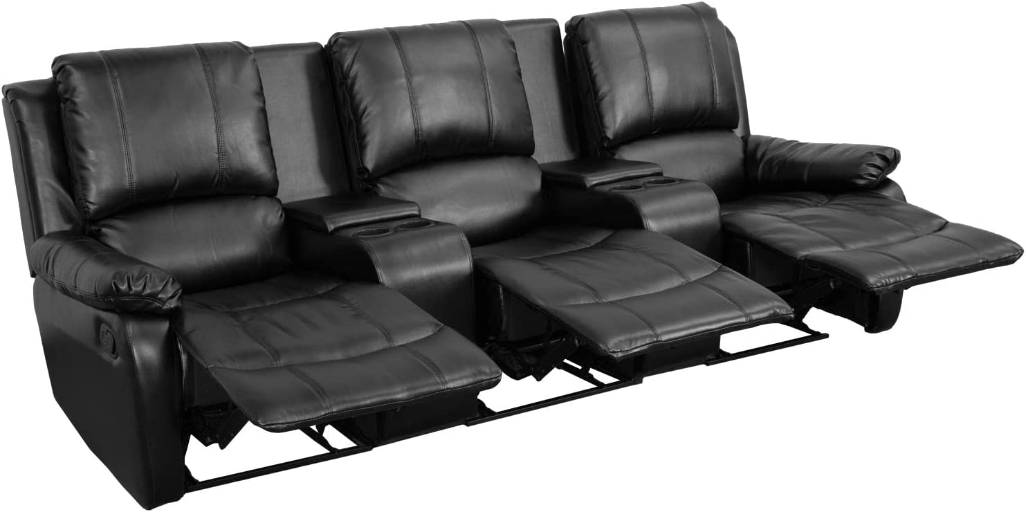 Flash Furniture Allure Series 3-Seat Reclining Pillow Back Black LeatherSoft Theater Seating Unit with Cup Holders