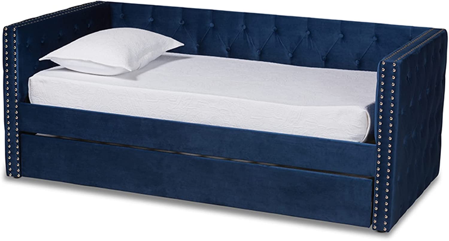 Baxton Studio Larkin Modern and Contemporary Navy Blue Velvet Fabric Upholstered Twin Size Daybed with Trundle