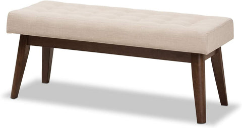 Baxton Studio Elia Mid-Century Modern Walnut Wood Light Beige Fabric Button-Tufted Bench/Mid-Century/Light Beige/Walnut Brown/Fabric Polyester 100%&#34;/Rubber Wood