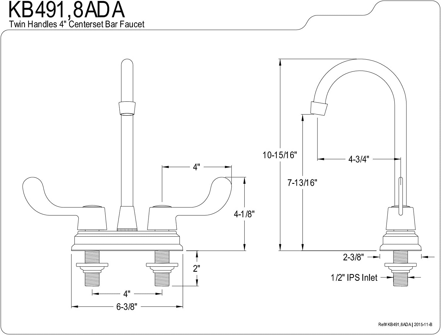 Kingston Brass KB491ADA Vista Bar Faucet, 4-3/4&#34;, Polished Chrome