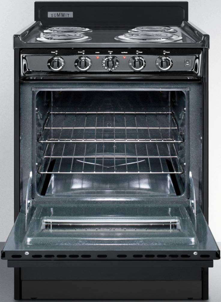 Summit Appliance TEM610CW 24&#34; Wide Range in Black with Oven Window, Interior Light, Lower Storage Compartment, Broiler Tray, Chrome Drip Pans, Recessed Oven Door, Push-to-turn Burner Knobs