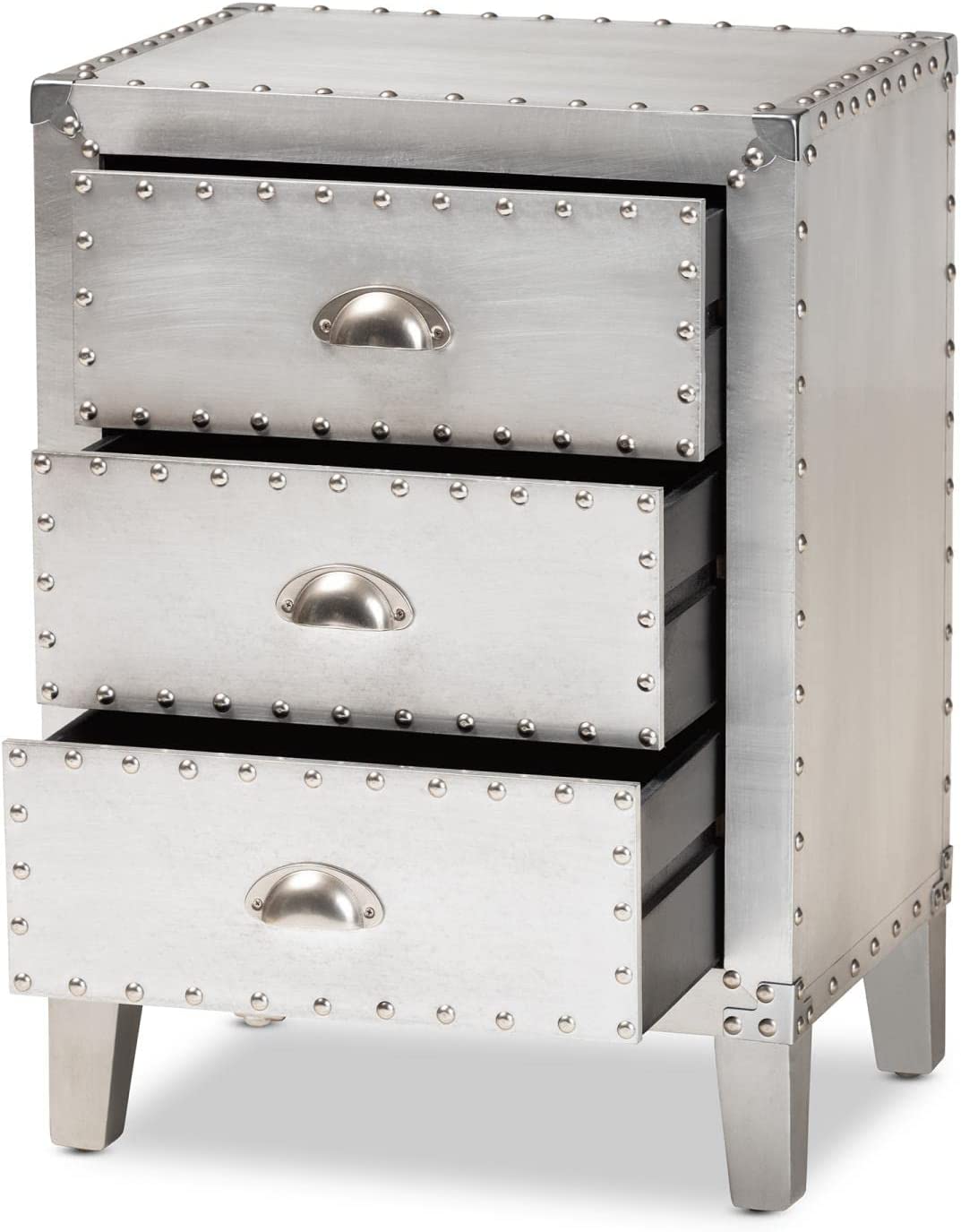 Baxton Studio Claude French Industrial Silver Metal 3-Drawer Nightstand