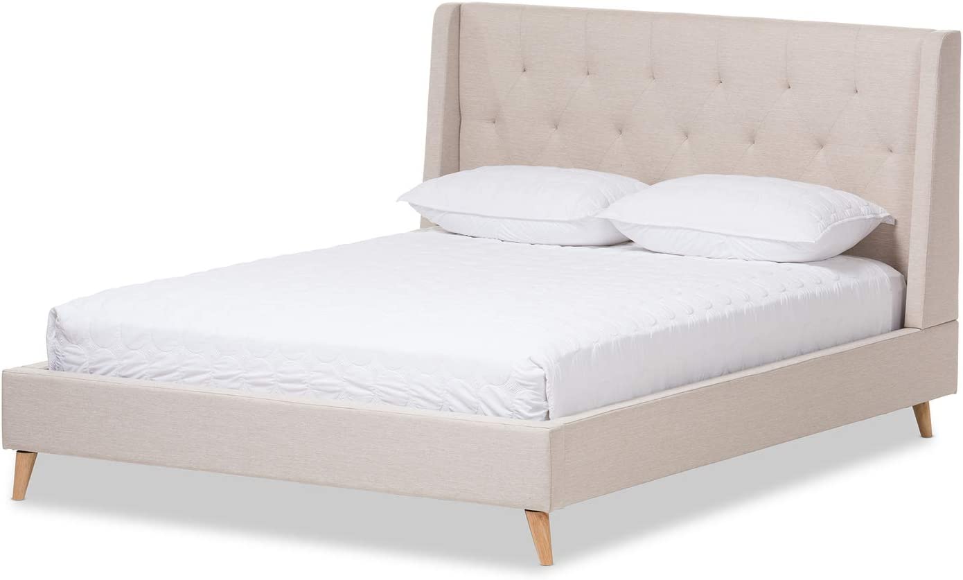 Baxton Studio Adelaide Retro Modern Light Beige Fabric Upholstered Full Size Platform Bed Light Beige/Contemporary/Fabric Polyester 100%&#34;/Rubber Wood/MDF/Particle Board/Foam
