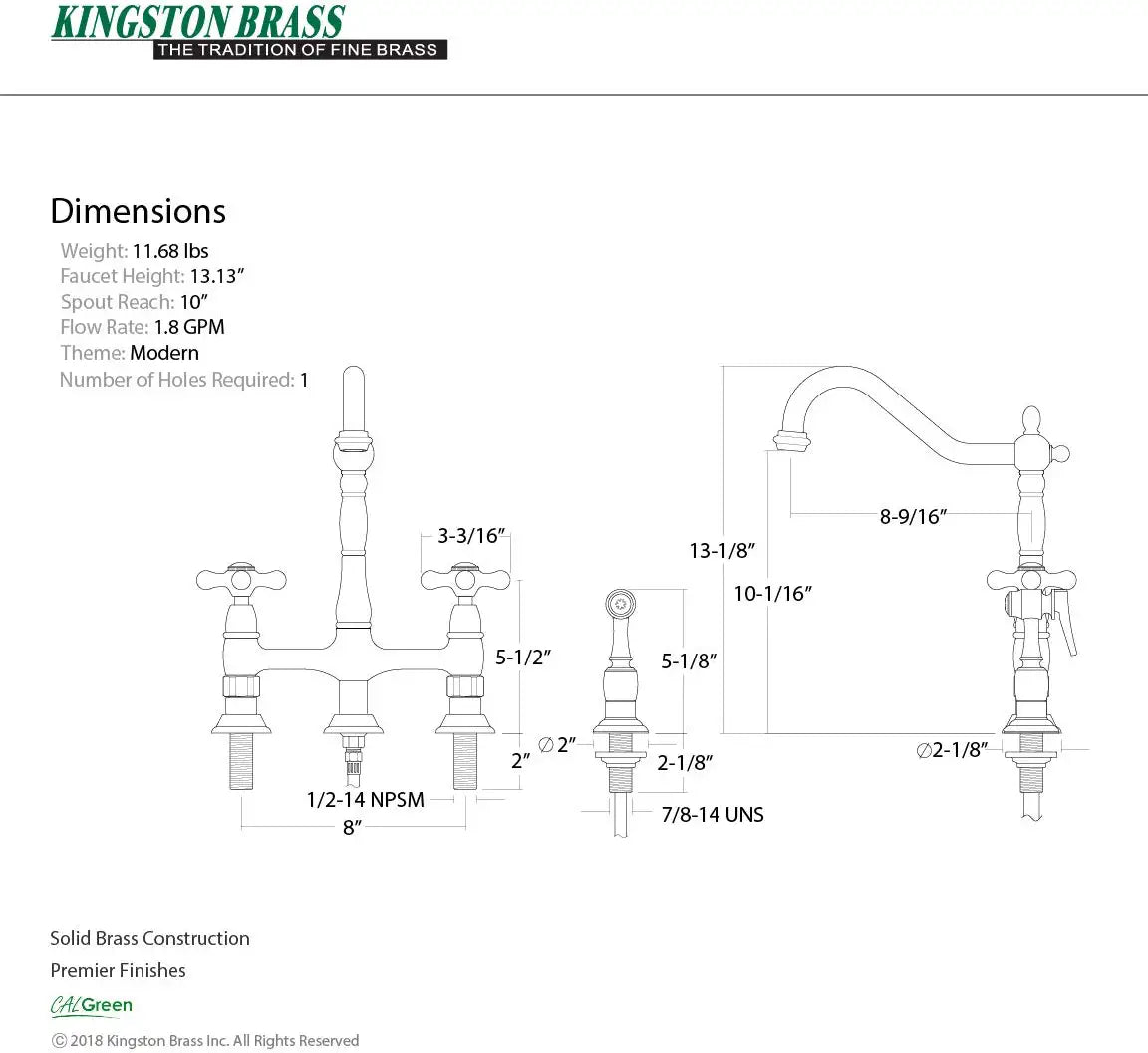 Kingston Brass KS1278AXBS Heritage Kitchen Faucet with Brass Sprayer, 8-3/4&#34;, Brushed Nickel