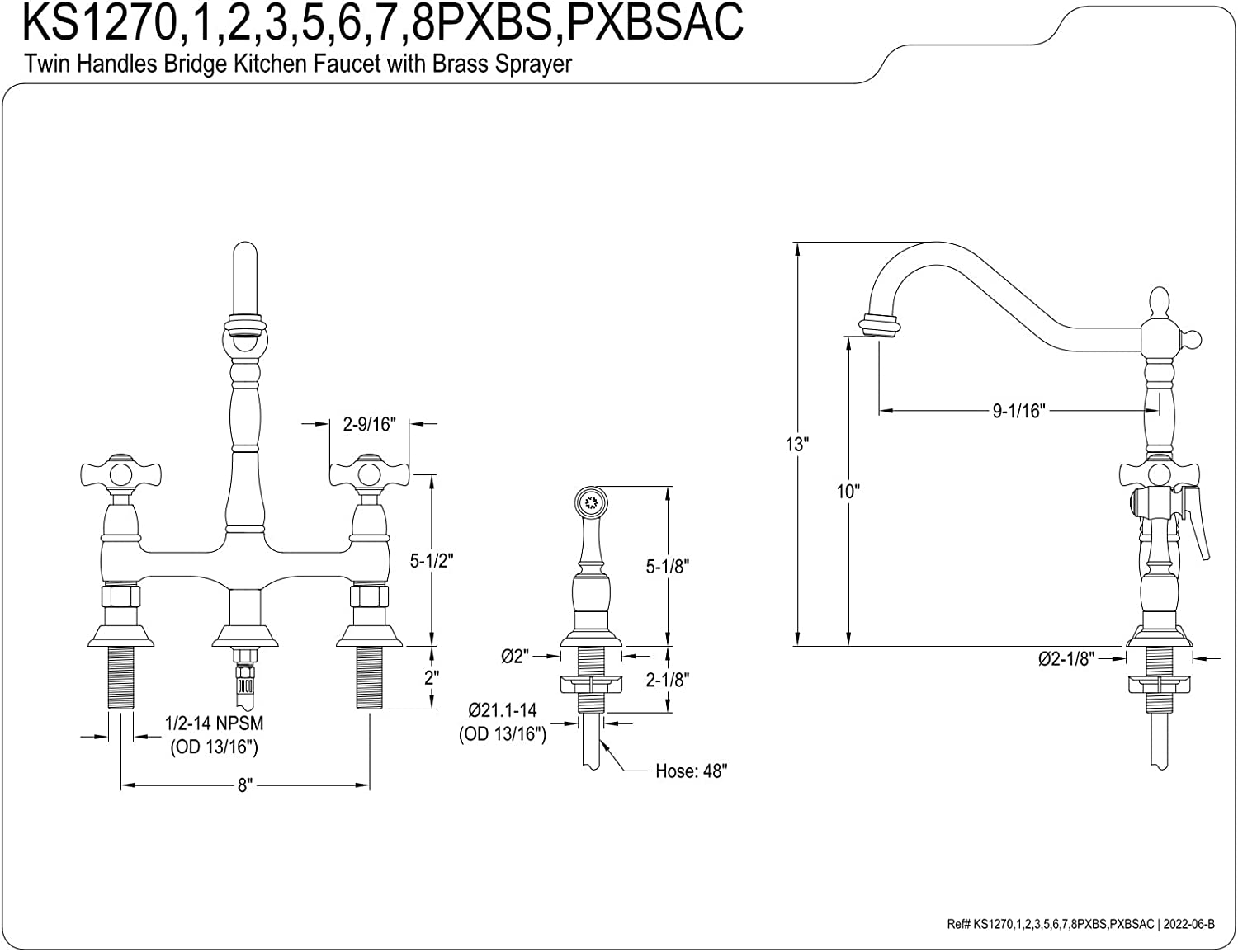 Kingston Brass KS1272PXBS Heritage Kitchen Faucet with Brass Sprayer, 8-3/4-Inch, Polished Brass