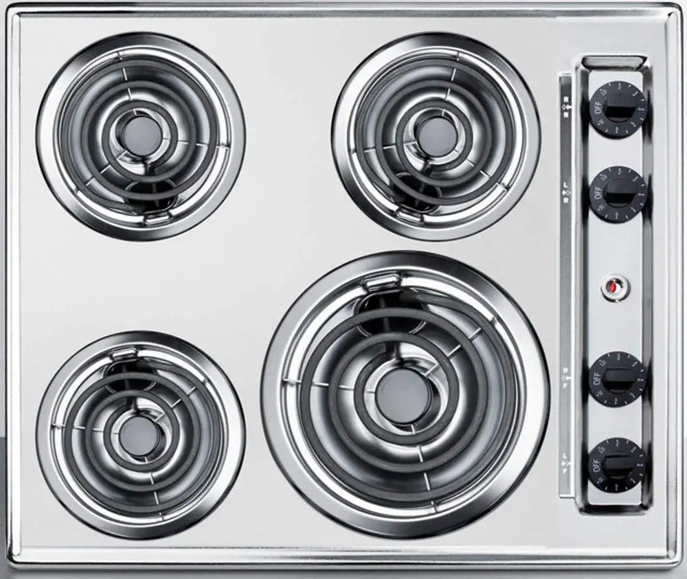 &#34;Summit ZEL03 24&#34;&#34; Electric Cooktop with 4 Coil Elements Push-to-Turn Controls Chrome Drip Bowls and Recessed Top in Chrome&#34;