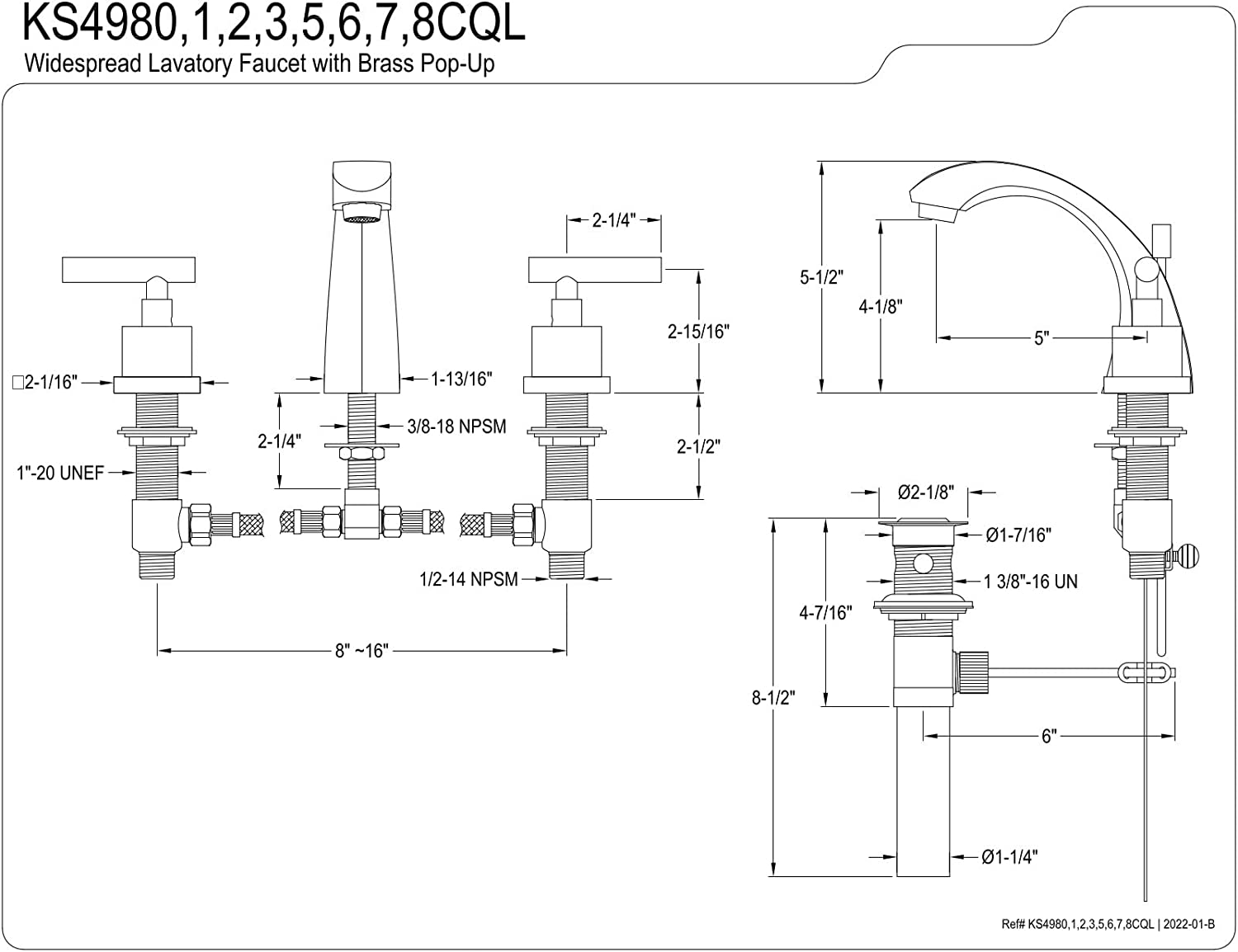 Kingston Brass KS4987CQL Claremont 8 in. Widespread Bathroom Faucet, Brushed Brass