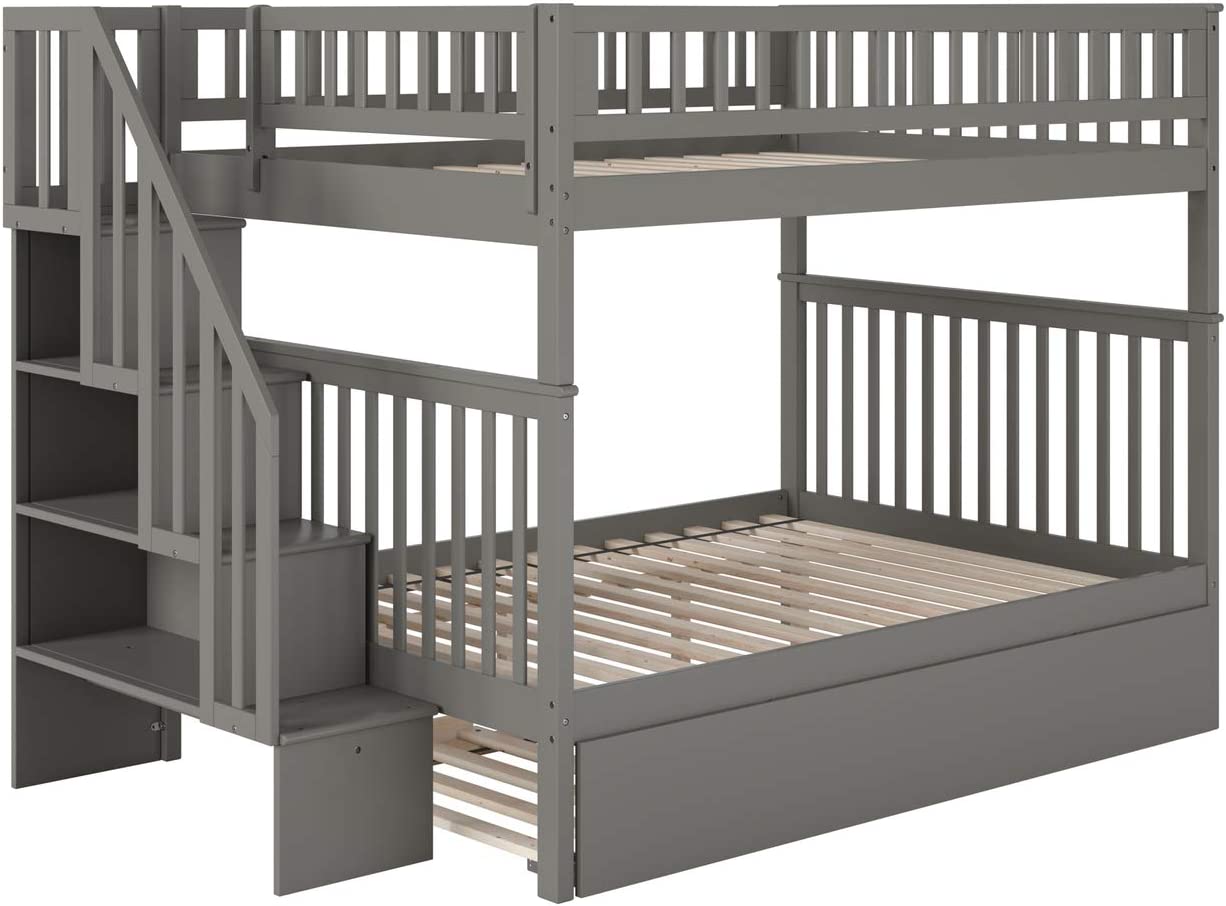 Atlantic Furniture Woodland Staircase Bunk Bed Full Over Full with Full Size Urban Trundle Bed in Grey