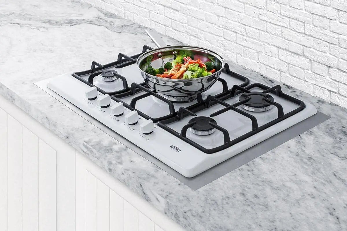 Summit GC5271WTK399 399 Gas Cooktop with 5 Sealed Burners Wok Ring Continuous Cast Iron Grates in White