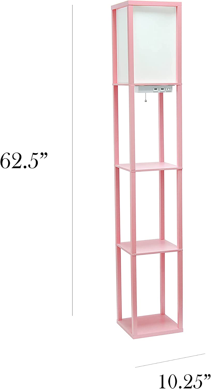 Simple Designs LF1037-LPK Organizer Storage Shelf with 2 Ports, 1 Charging Outlet and Linen Shade USB Etagere Floor Lamp, Light Pink