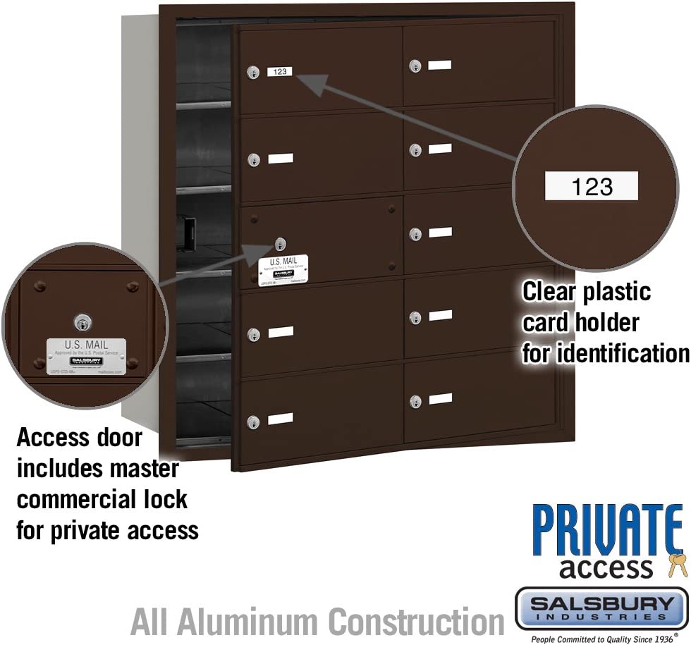 Salsbury Industries 3610ZFP 4B Plus Horizontal Mailbox with Master Commercial Lock, 10 B Doors 9 Usable, Front Loading, Private Access, Bronze
