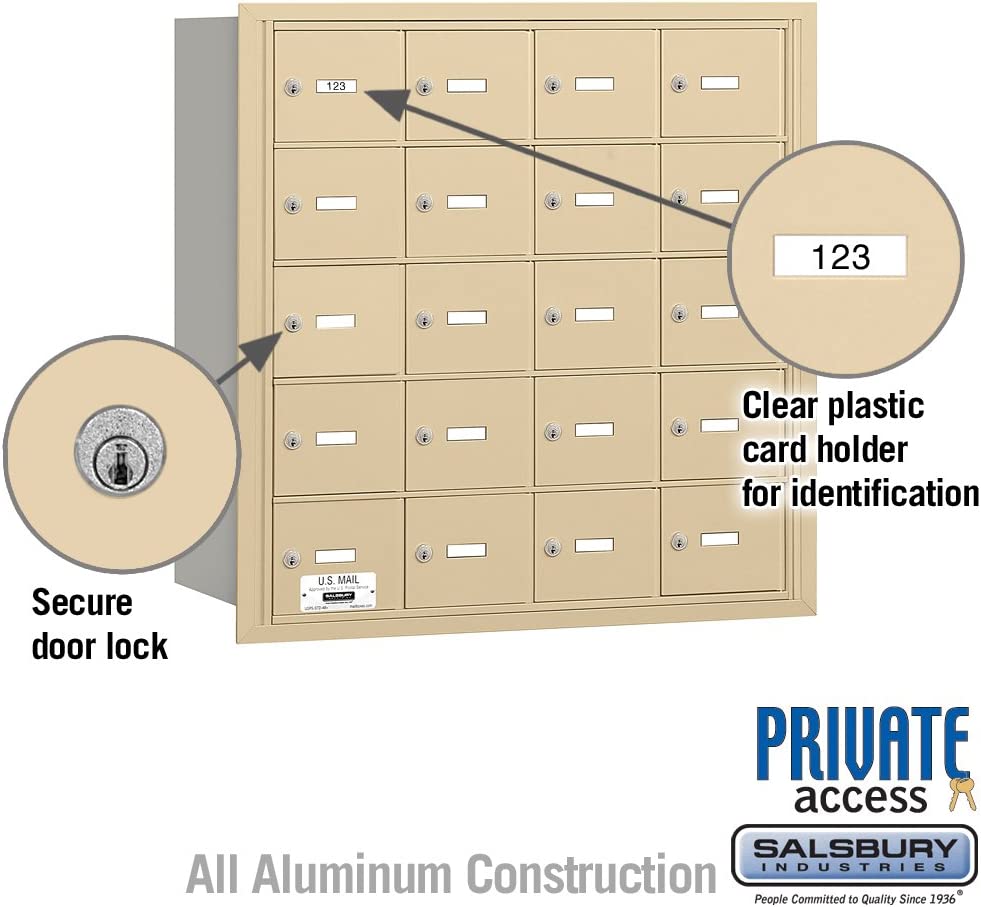 Salsbury Industries 3620SRP 4B Plus Horizontal Mailbox, 20 A Doors, Rear Loading, Private Access, Sandstone