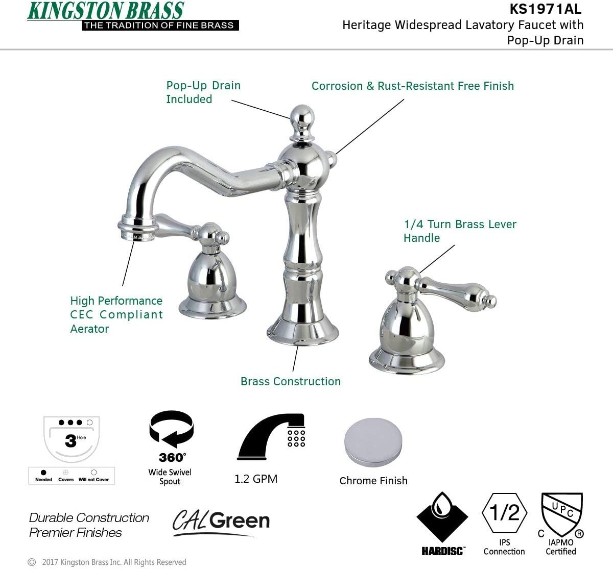 Kingston Brass KS1978AL Heritage Widespread Lavatory Faucet with Metal lever handle, Brushed Nickel