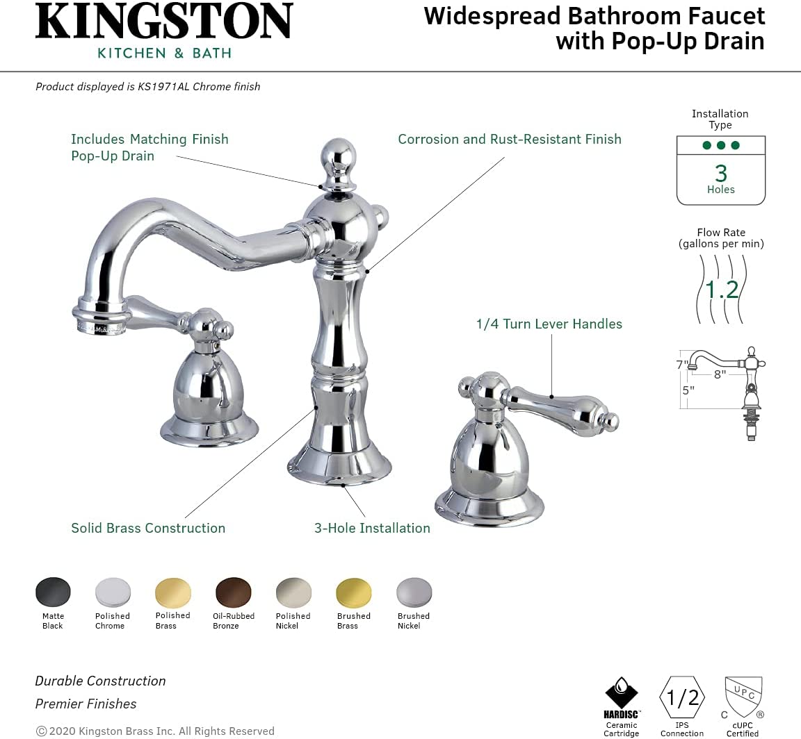 Kingston Brass KS1972AL Heritage Widespread Lavatory Faucet with Metal lever handle, Polished Brass,8-Inch Adjustable Center