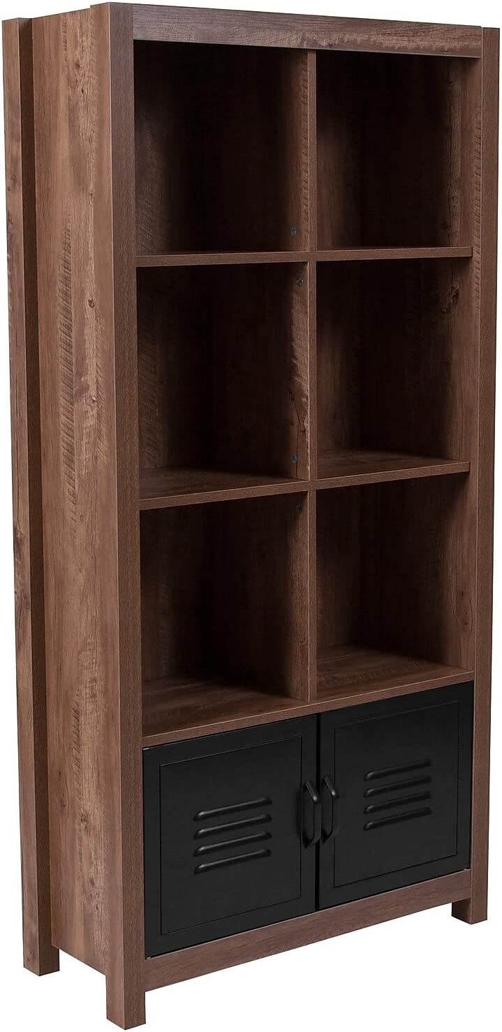 Flash Furniture New Lancaster Collection 59.5&#34;H 6 Cube Storage Organizer Bookcase with Metal Cabinet Doors in Crosscut Oak Wood Grain Finish